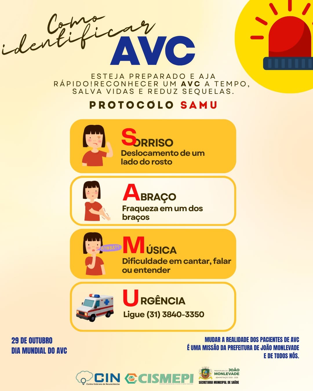 João Monlevade celebra o Dia Mundial do AVC com divulgação de informações sobre o tema.