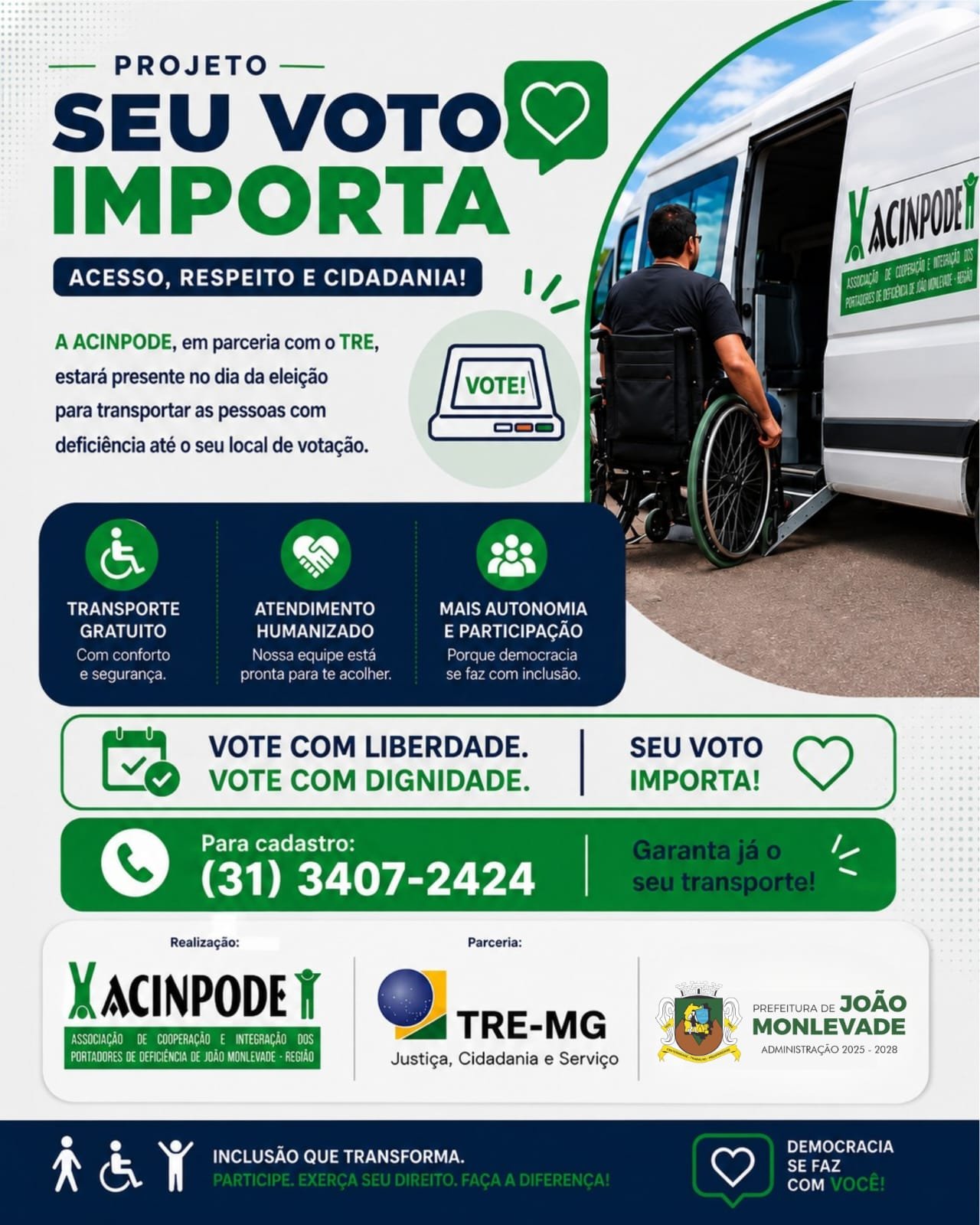 Prefeitura de João Monlevade apoia projeto que garante transporte gratuito para pessoas com deficiência no dia da eleição.
