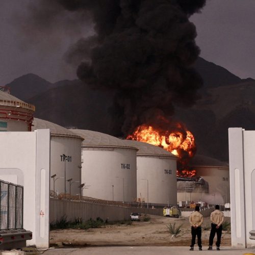Fire and smoke rise in the Fujairah oil industry zone, caused by debris after interception of a drone by air defenses, according to the Fujairah media office, amid the U.S.-Israel conflict with Iran, in Fujairah, United Arab Emirates, March 4, 2026. REUTERS/Amr Alfiky     TPX IMAGES OF THE DAY