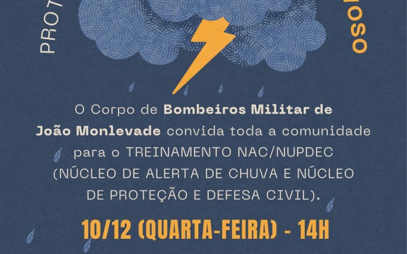 Bombeiros e Cras convidam comunidade de João Monlevade para treinamento de prevenção no período chuvoso.