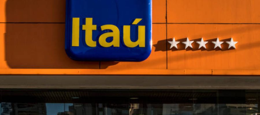 Sao Paulo, Brazil, June 12, 2018. Detail of the facade with the logo of an agency of Itau Bank, in the south zone of Sao Paulo