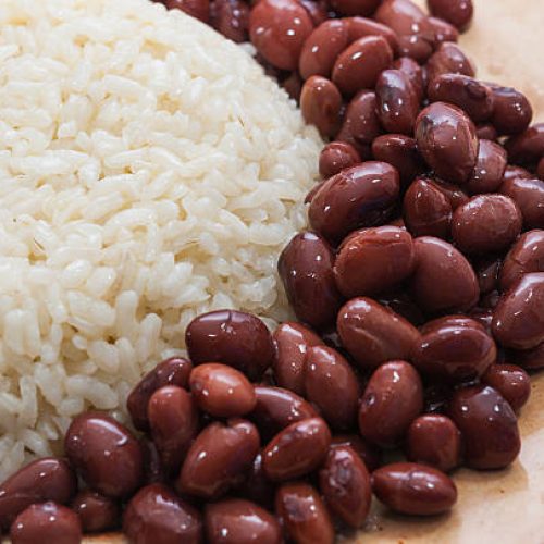 Bowl of white rice with red beans