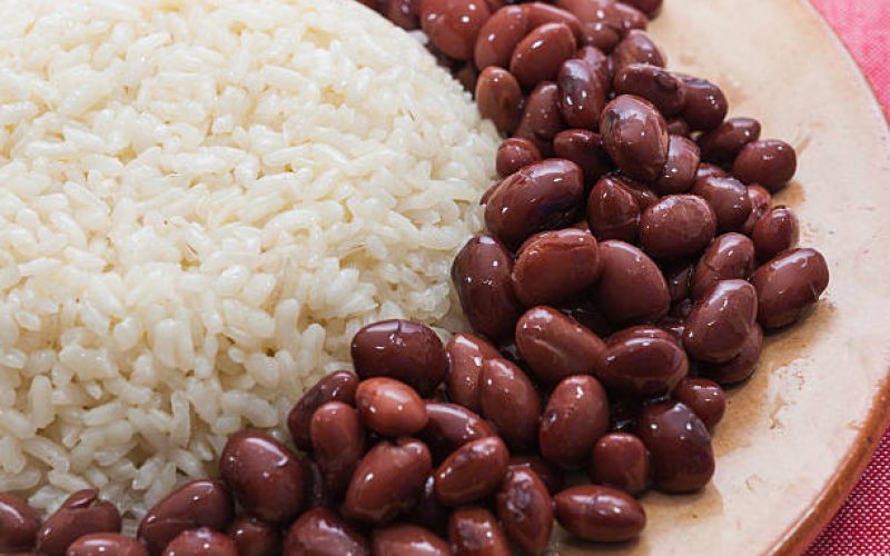 Bowl of white rice with red beans